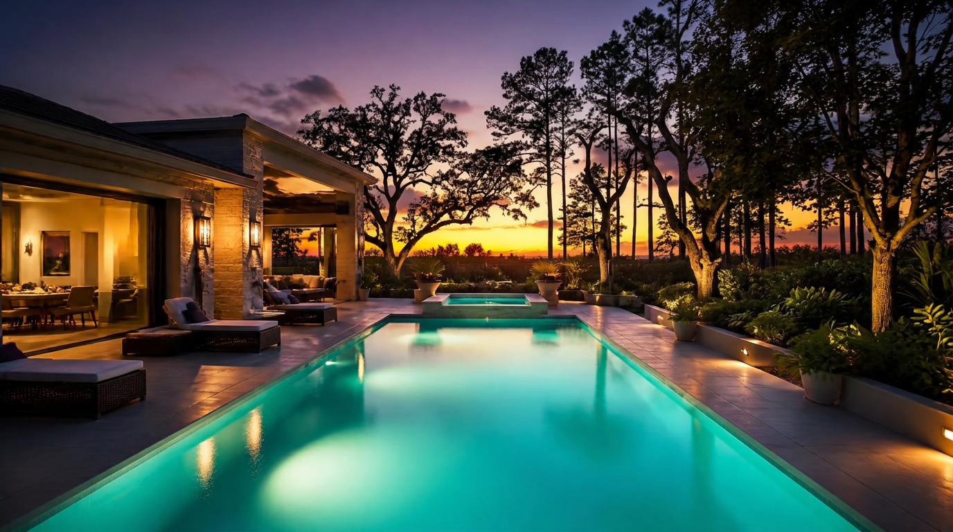 Backyard swimming pool glowing turquoise at sunset in Covington, Tennessee