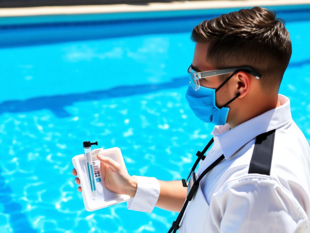 Technician performing a water chemistry test poolside